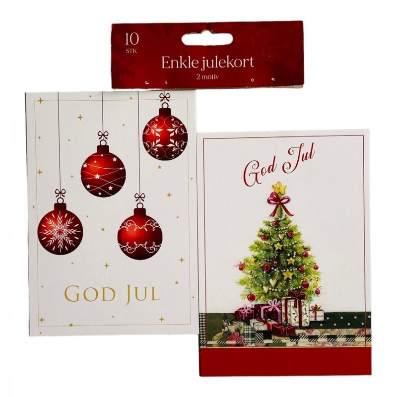Julekort enkle 10 pk. Juletre/julekuler