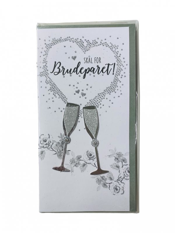 Bryllupskort dobbelt med konvolutt, flotte pålimte detaljer Champagneglass!